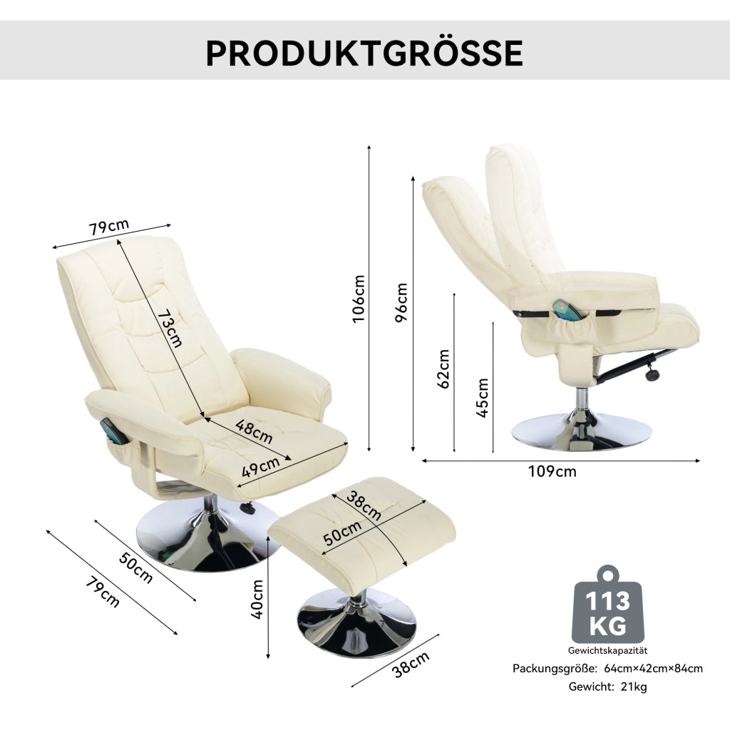 Poltrona Massaggiante Elettrica con Riscaldamento; Schienale Regolabile 135° e Poggiapiedi; Girevole; in PU Beige