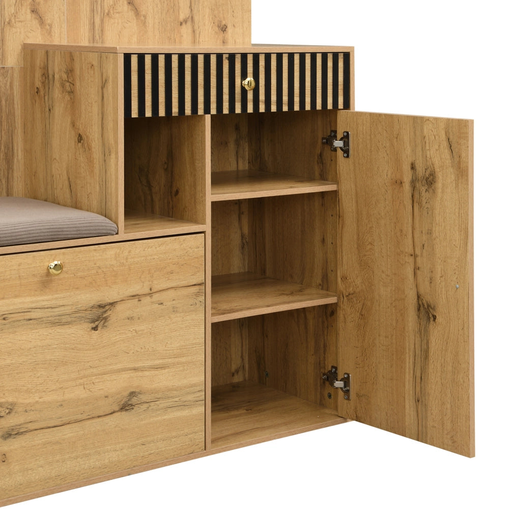 Mobile da ingresso con specchio 110x37x185，5 cm in MDF naturale e nero
