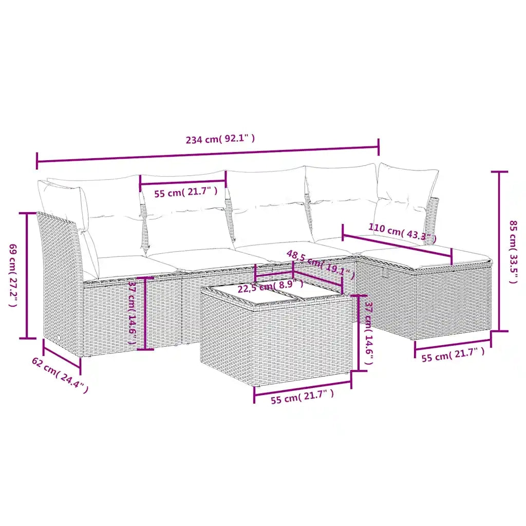 Set Divano da Giardino 6 pz con Cuscini Beige in Polyrattan 3263144