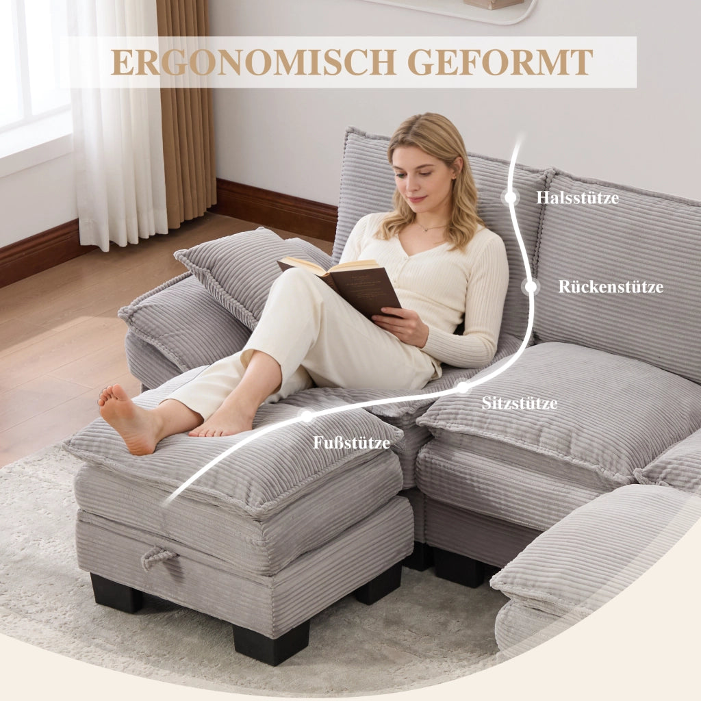 Divano modulare a 3 posti in velluto a coste con seduta ampia con 2 pouf porta usb-c e tasche laterali grigio chiaro