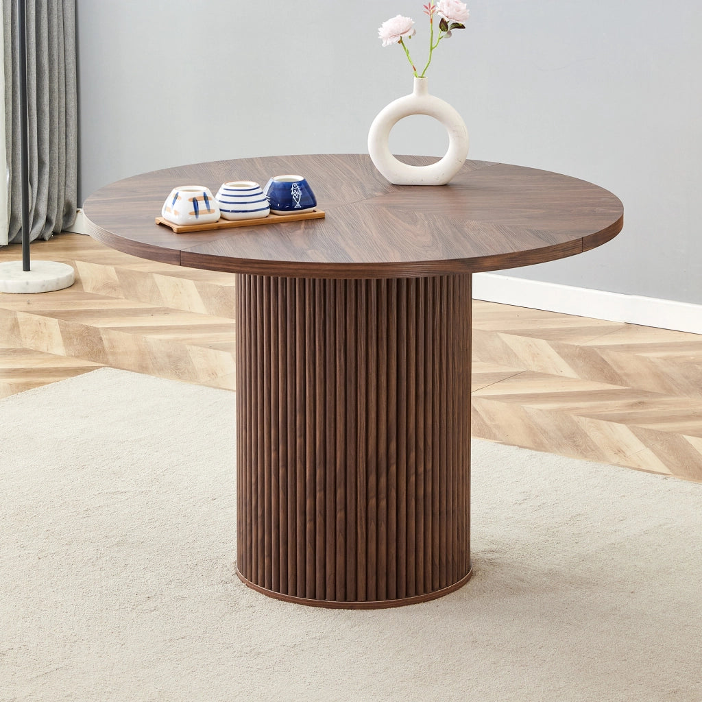 Tavolo da pranzo - rotondo MDF - 4 segmenti effetto noce - Ø100 cm - per 4-6 persone - gambe cilindriche