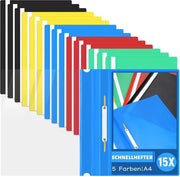 Dossiermap A4 in plastica, 15 dossiermappe colorate, 5 colori, con fronte trasparente, copertina morbida flessibile, per scuola e lavoro, casa
