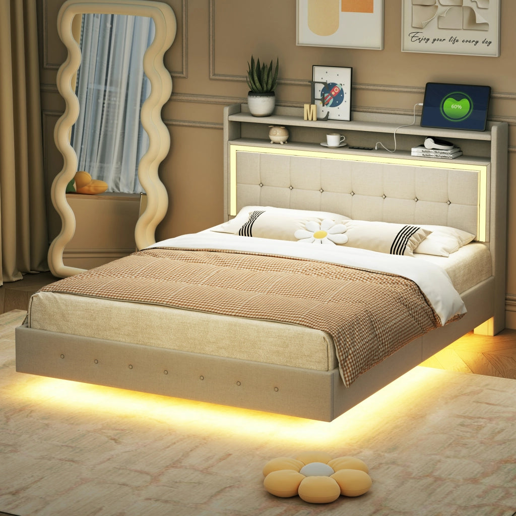 OKWISH Letto Imbottito 140×200 cm, Letto Matrimoniale con Porta USB, LED Regolabile e Contenitore in Testata, senza Materasso, Beige