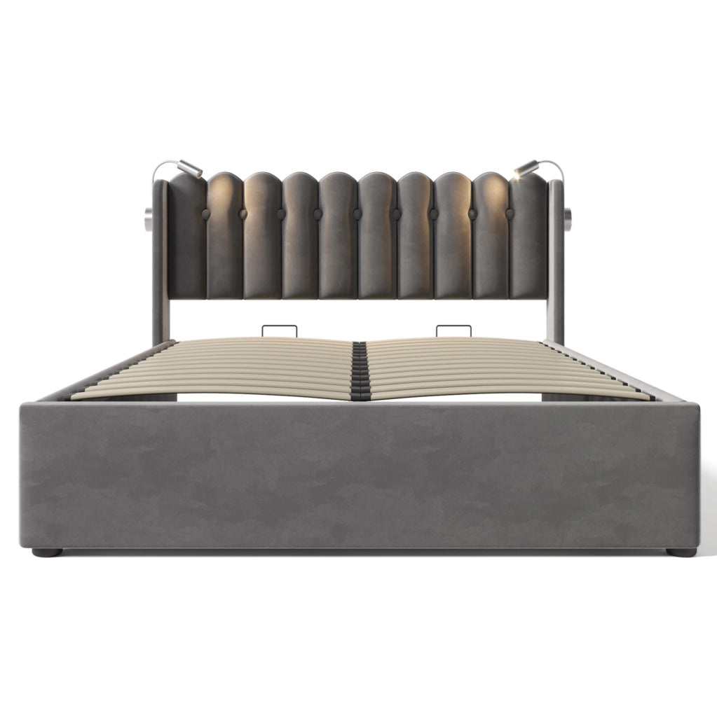 Letto matrimoniale imbottito 140x200 cm in velluto grigio con luce da lettura e USB
