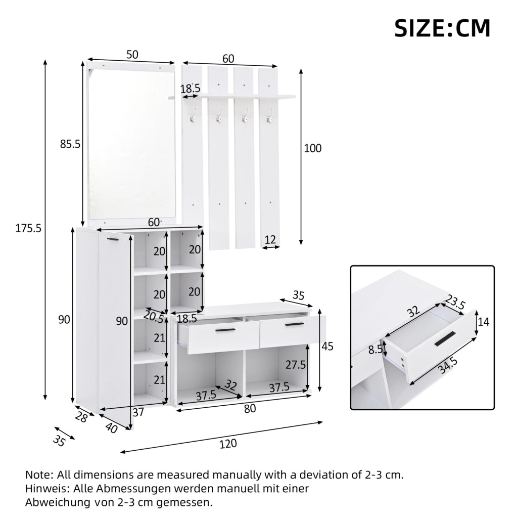 Mobile ingresso con specchio; scarpiera; ganci e 2 cassetti; 120x35x175;5 cm; bianco