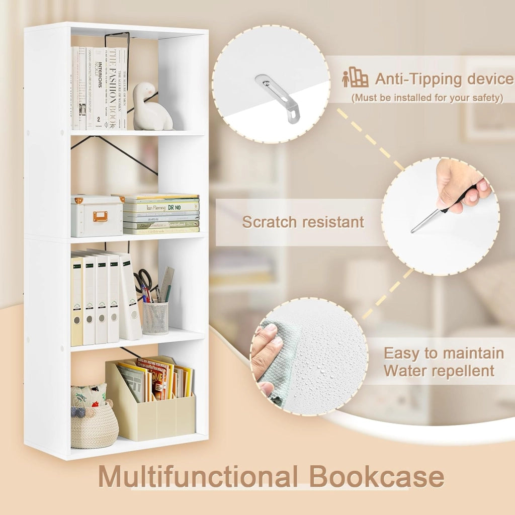 Scaffale da Soggiorno a 4 Ripiani, Libreria in Legno Salvaspazio Portaoggetti, Mobile Multiuso Moderno Bianco, per Studio, Camera da Letto, Cucina, Ufficio, 60x30x149cm