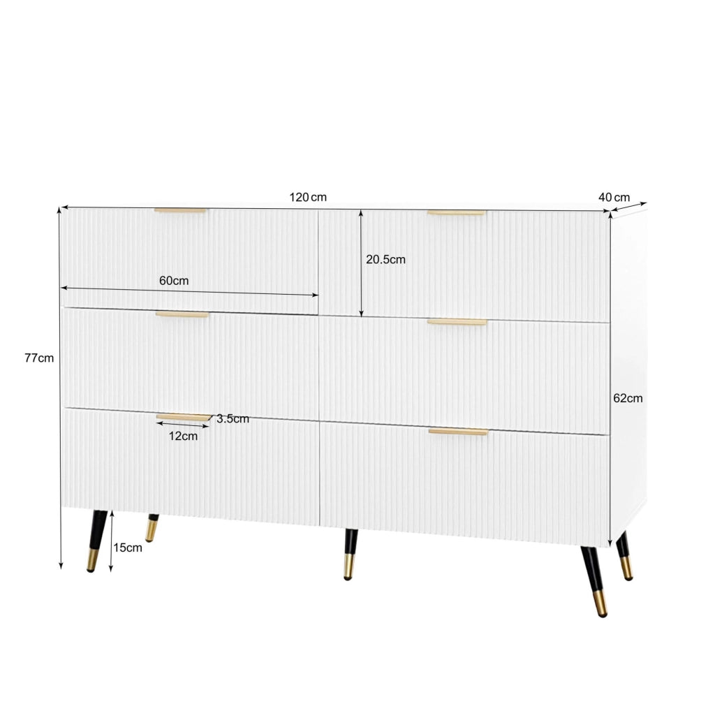 Sideboard bianco e oro con 6 cassetti, design moderno 120x77x40 cm