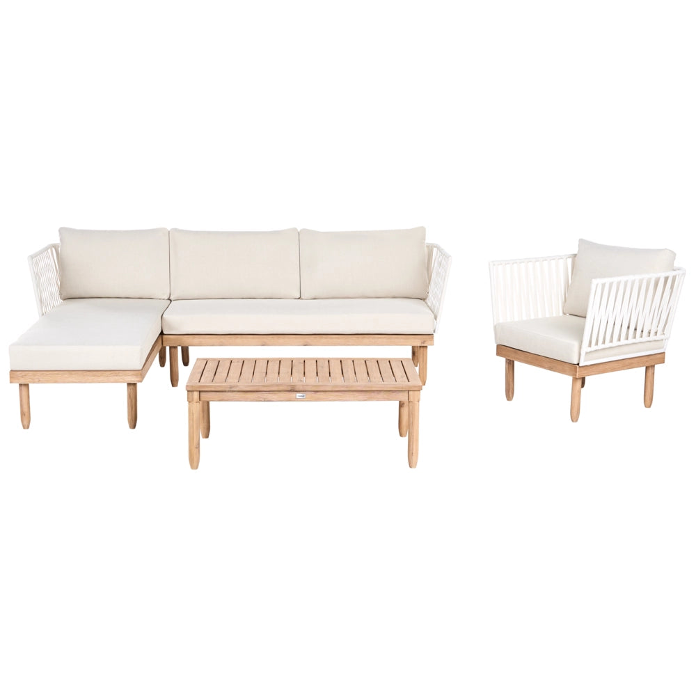 Set Lounge da Esterno in Legno di Acacia con Cuscini Bianchi Poltrona in Rattan Sintetico e Tavolino 4 Posti Destro