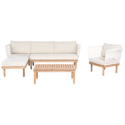 Set Lounge da Esterno in Legno di Acacia con Cuscini Bianchi Poltrona in Rattan Sintetico e Tavolino 4 Posti Destro