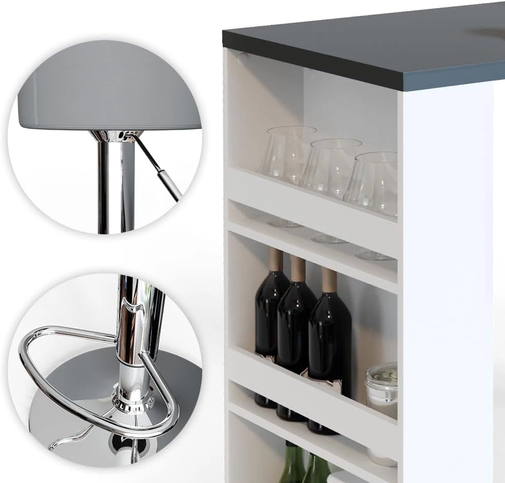 Tavolo bar con sgabelli, Bianco/Grigio, 57 x 117 cm con 2 sgabelli da bar, adatto come area pranzo aggiuntiva in cucina o soggiorno