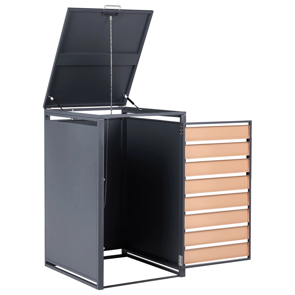 Copertura per bidone della spazzatura in acciaio zincato grigio scuro da 240 L con sportello magnetico a trasferimento termico e finitura effetto legno, apertura dall'alto, per esterni e giardino