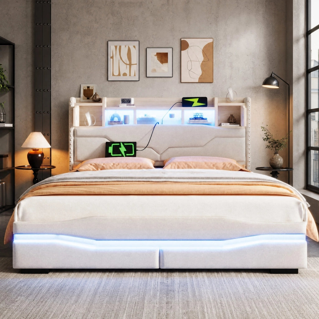 Letto imbottito 160x200 cm con contenitore idraulico; LED e porte USB; beige