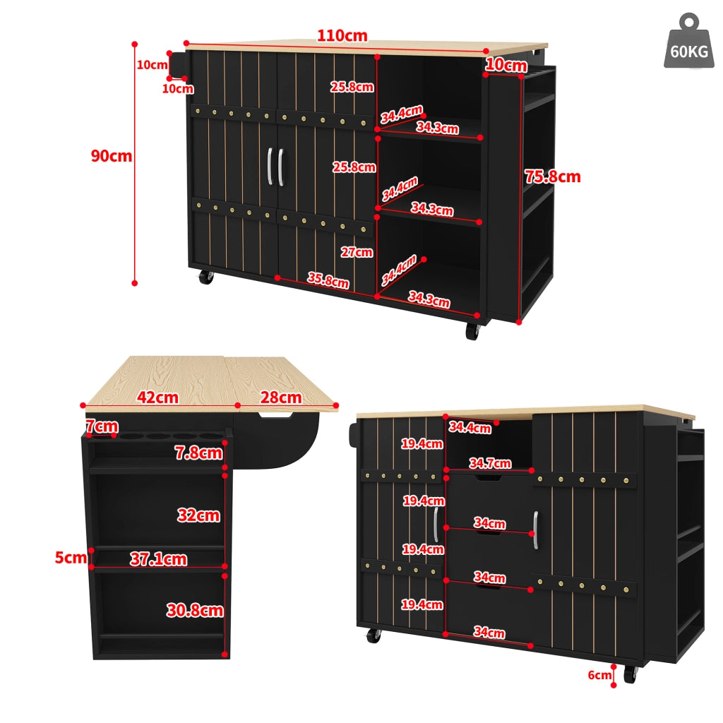 Carrello da Cucina con 3 Cassetti; 2 Ante Scorrevoli; Ripiani Regolabili; Portasciugamani e Ruote; in MDF; Nero; 110 x 42 x 90 cm