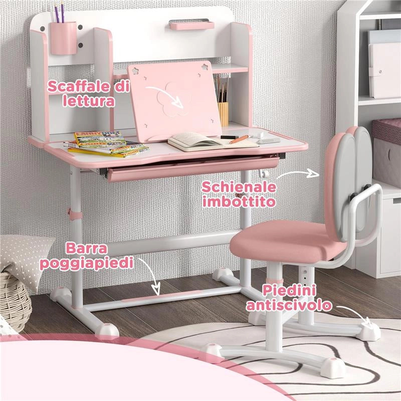 SET SCRIVANIA E SEDIA PER BAMBINI REGOLABILI BANCO SCUOLA CON PIANO INCLINABILE CASSETTO SCAFFALE ROSA