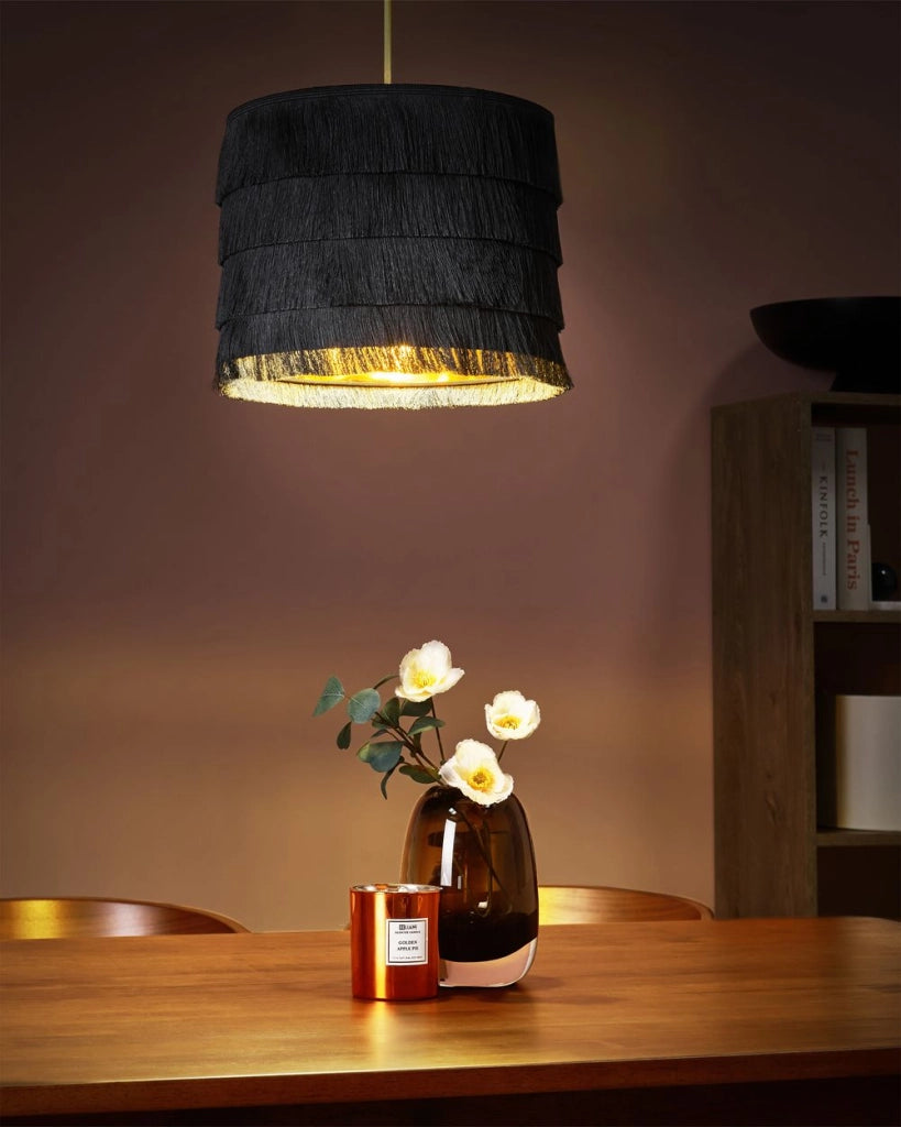 Lampada a sospensione in tessuto poliestere nero con frange Design moderno Luce per il soggiorno