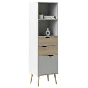 Libreria in stile scandi a due ripiani due cassetti e Assesor, colore bianco e rovere, Misure 50 x 171 x 39 cm