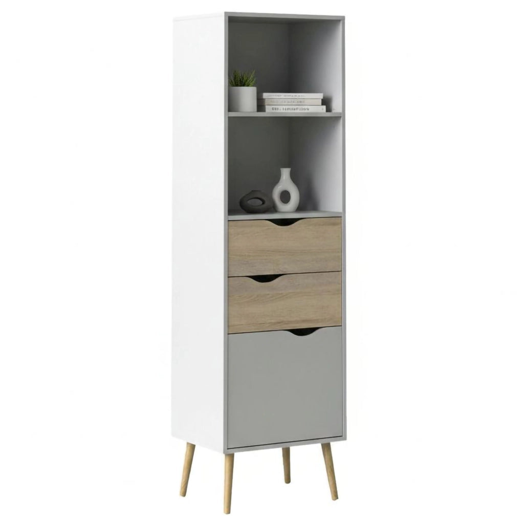 Libreria in stile scandi a due ripiani due cassetti e Assesor, colore bianco e rovere, Misure 50 x 171 x 39 cm