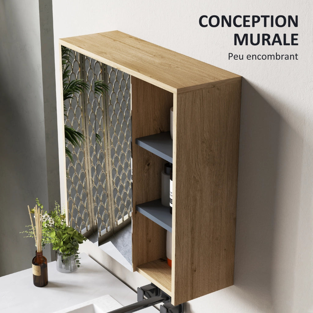 Armadio da bagno con specchio e ripiani aperti ¨C zephmum ¨C legno naturale 60x20x60 cm