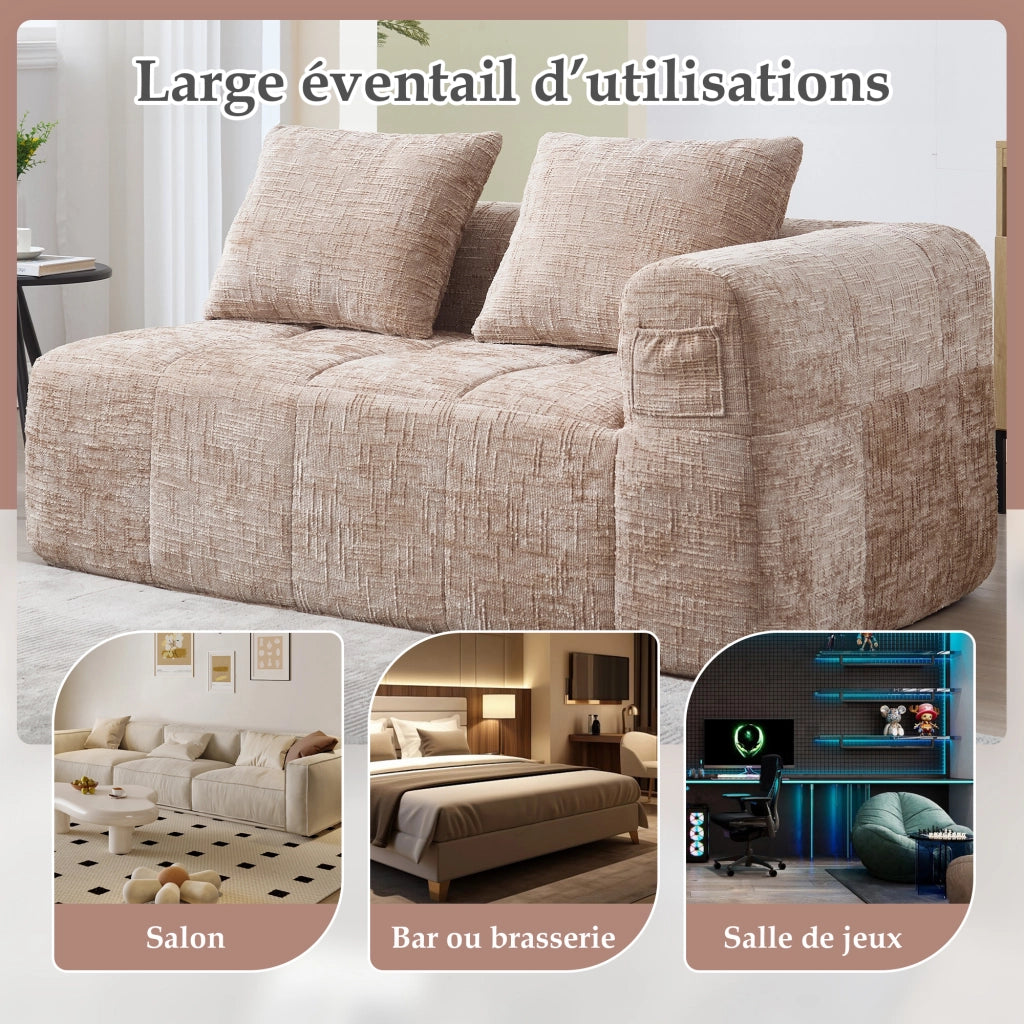 Divano Lineare 2 Posti con Tasche Laterali e Cuscino Comfort Imbottitura a Ritorno Rapido Design Moderno in Ciniglia Color Cachi