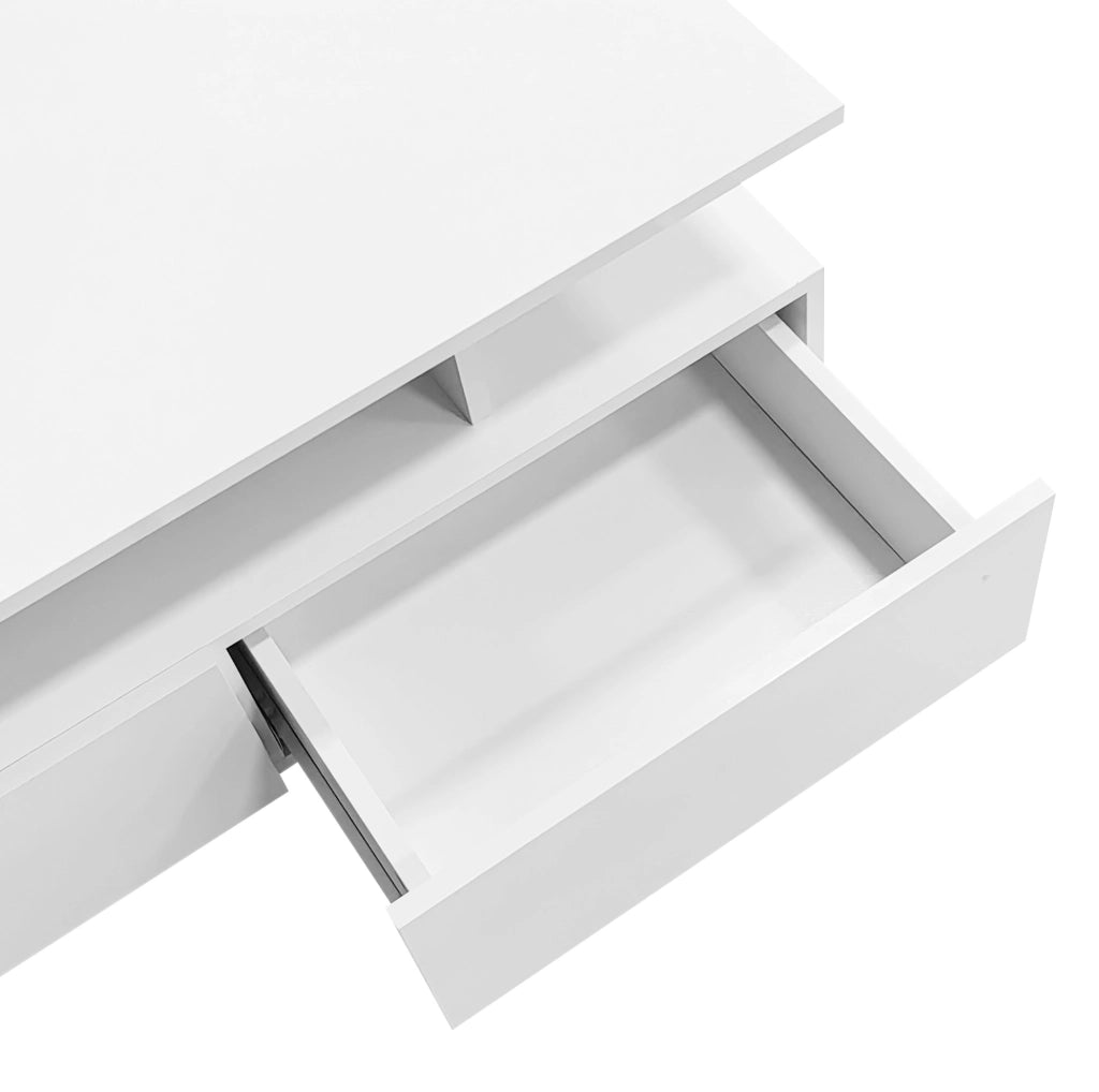 Tavolino da salotto moderno lucido con LED; 2 cassetti; 90x55x41 cm; bianco