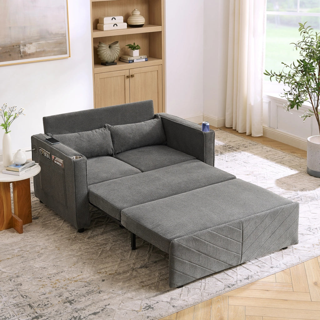 Divano letto 2 posti grigio scuro in legno e tessuto con porte USB