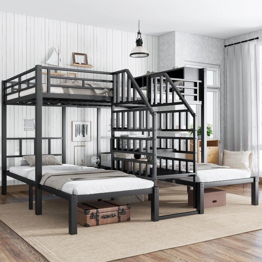 OKWISH Letto a Castello 90×200 cm e 140×200 cm, Letto 3 Posti con Scala, Contenitore e Corrimani, senza Materasso, Nero