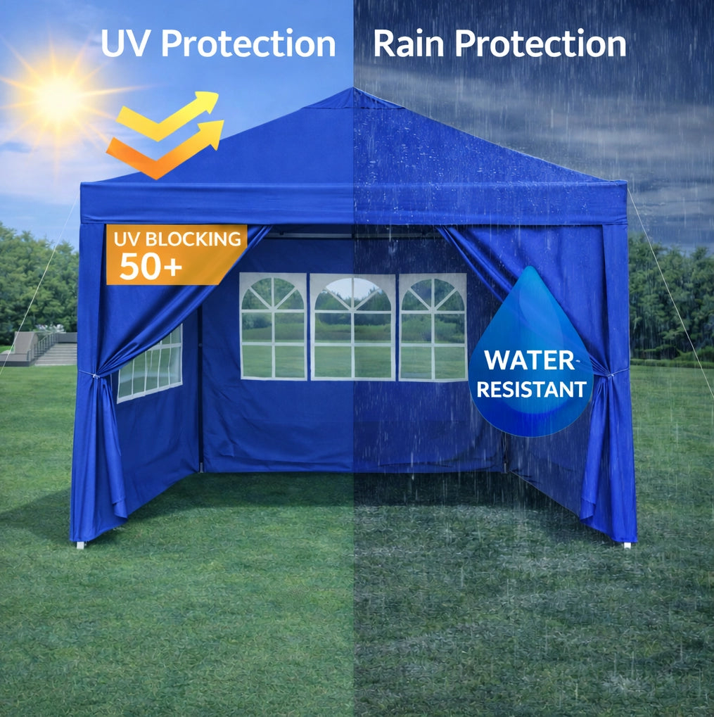 Gazebo pieghevole 3x3 m blu con pareti laterali e sacchi di sabbia