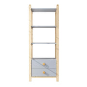 Libreria con 3 vani aperti e 2 cassetti; maniglie in legno; per soggiorno e camera da letto; 70×44×180 cm