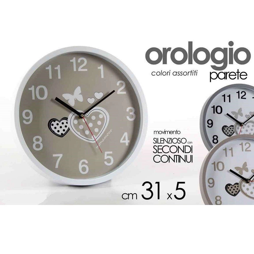 Trade Shop - Orologio 31x5 Cm Parete Cuori Farfalle Classico Moderno Tondo Silenzioso 681288 -