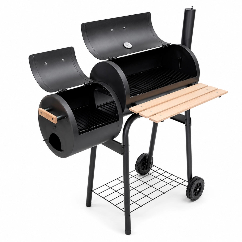 Barbecue A Carbone Con Camera Affumicatrice Laterale BBQ Termometro Integrato Griglie In Acciaio Cromato Ripiano E Maniglie In Legno Con Ruote 109.5 x 59 x 116 Cm Nero