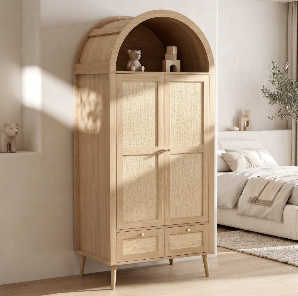 Armadio 80x55x180 cm con 2 ante, 2 cassetti, asta appendiabiti e ripiano aperto in MDF rovere