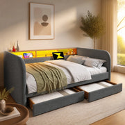 Letto imbottito 140x190 cm grigio con LED, USB-C, 2 cassetti e testiera contenitore