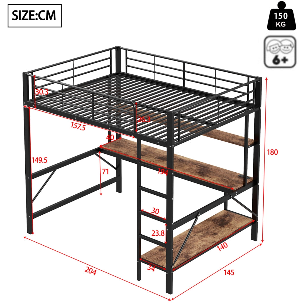 Letto a soppalco 140x200 cm; con scrivania e mensola; metallo; nero (Senza materasso)