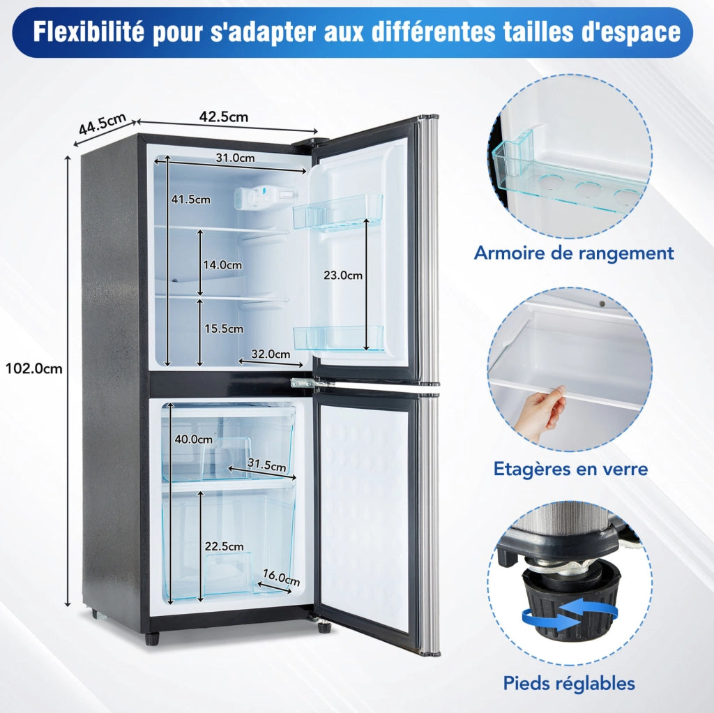 Frigorifero doppia porta 106 L con congelatore 46 L; nero e argento; acciaio inox