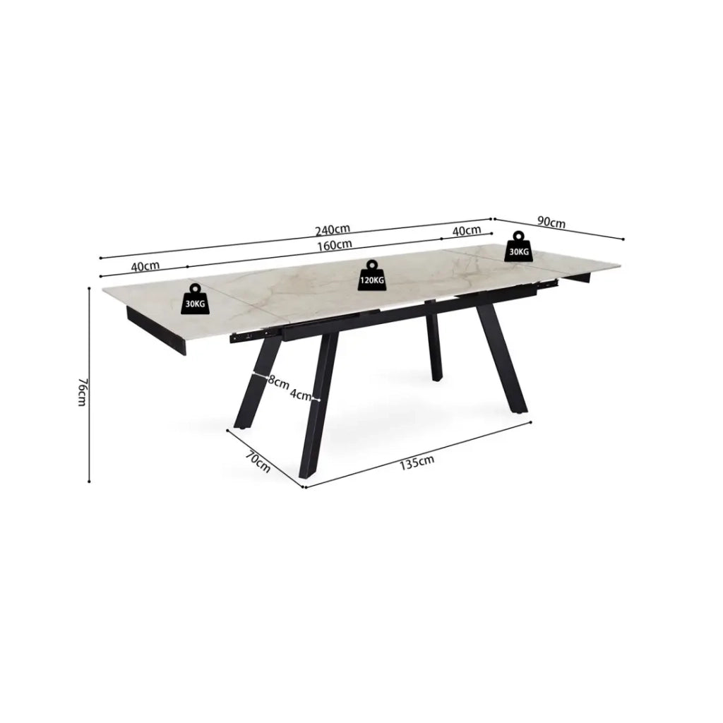Tavolo allungabile LAROS – 160 a 240 cm – Piano in pietra marmorea beige – Struttura in metallo – Design di alta gamma