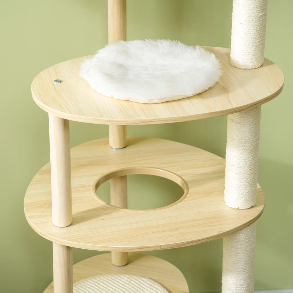 Tiragraffi per gatti con pali sisal cuscino piattaforma peluche legno 123,5 cm beige ¨C Xylo