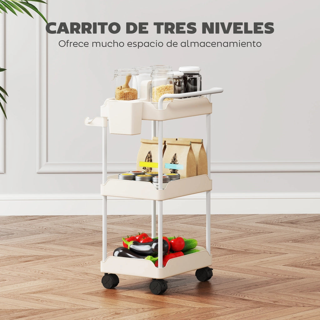 Carrello da cucina con 3 livelli e cestini estraibili ¨C Zephmum ¨C Bianco