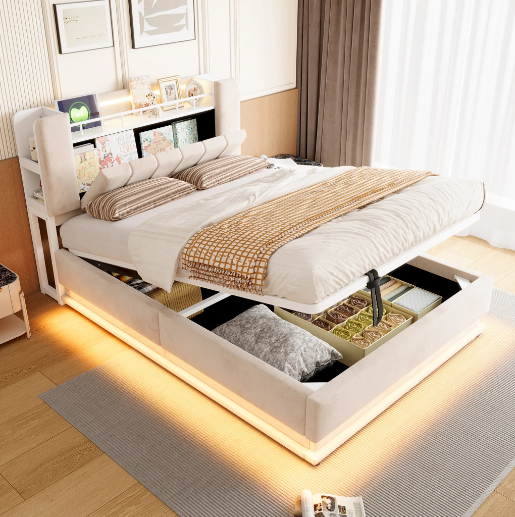 Letto imbottito 140x200 cm con LED; porte USB e vano contenitore idraulico; velluto beige