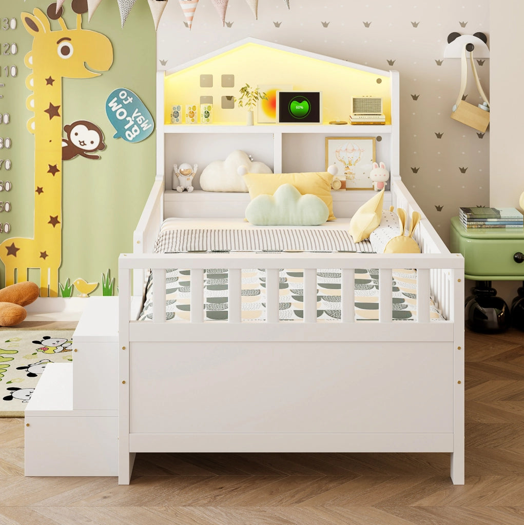 Letto per bambini 90x200 cm con 4 cassetti; LED; USB e USB-C; bianco