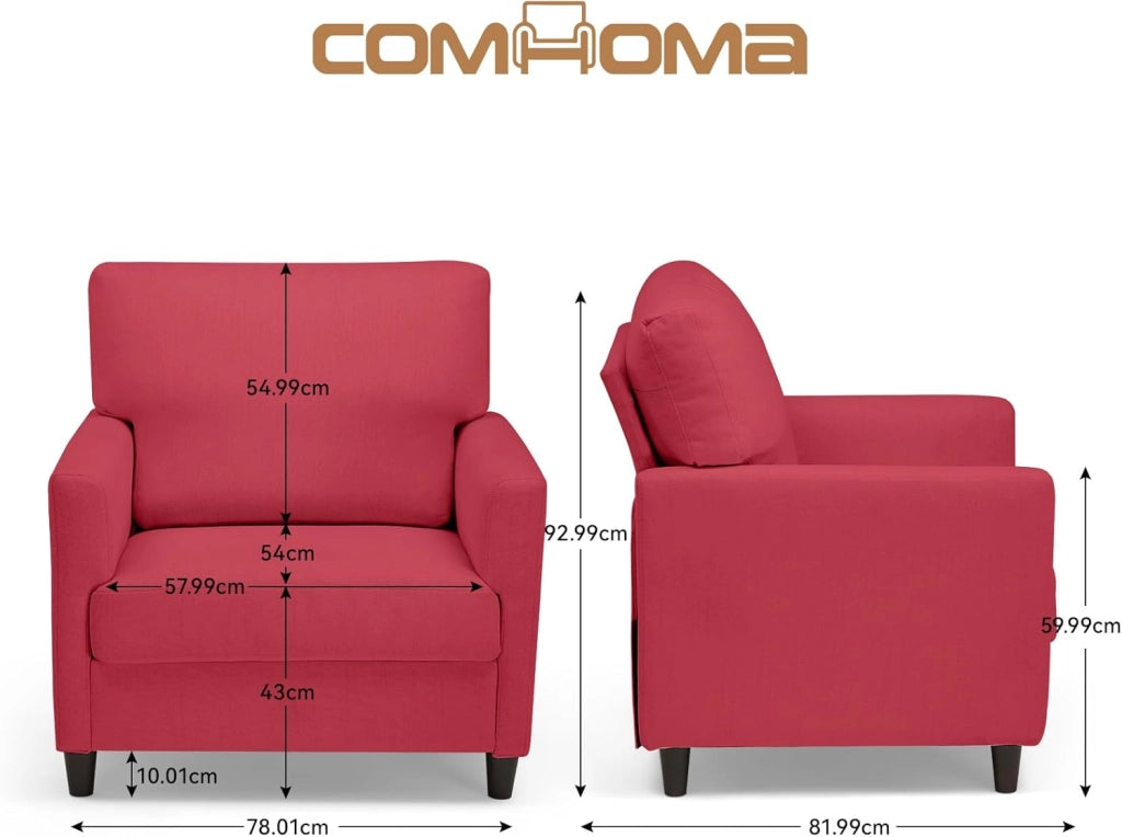 Poltrona Relax per TV, Poltrona Lounge per Soggiorno, Divano Singolo per Camera da Letto, Angolo Lettura, Seduta Laterale con Morbido Memory Foam, Rivestimento in Lino, Rosso