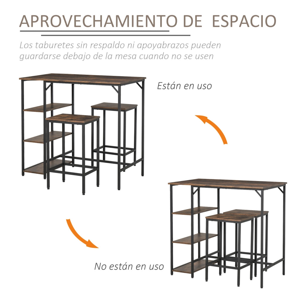 Set tavolo bar con 2 sgabelli ¨C Xylo ¨C legno marrone rustico con ripiani e poggiapiedi 109x60x100 cm