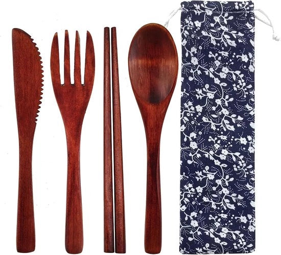 Set di Cucina in Legno per Bambini - 4-Del Set con Cucchiaio, Forchetta, Coltello e Tasca - Materiale Sostenibile