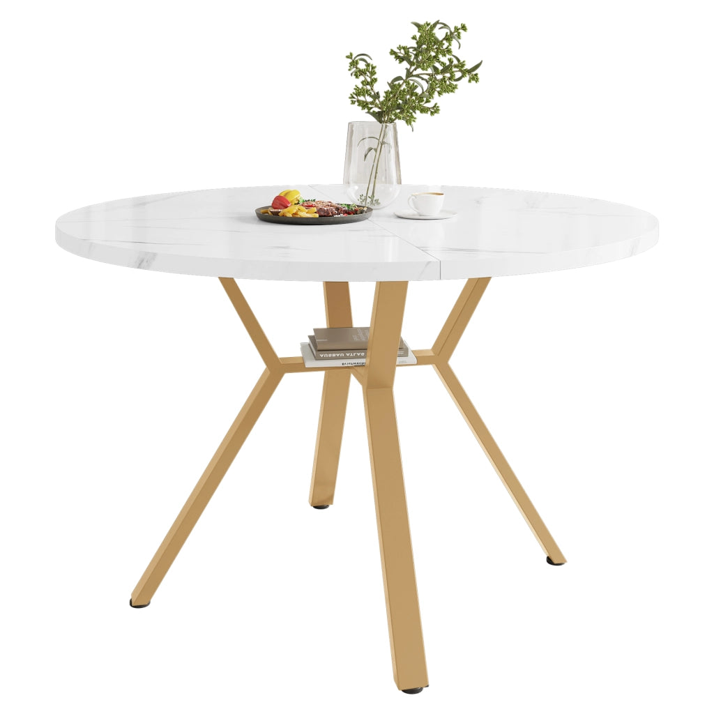 Tavolo da pranzo rotondo con piano effetto marmo, struttura in metallo dorato a X, per sala da pranzo, diametro 100 cm
