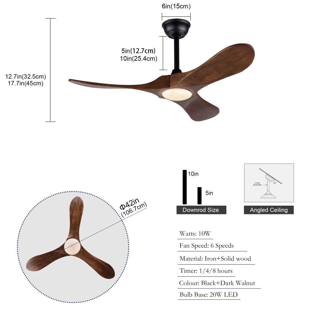 Ventilatore da soffitto 42 pollici con luce LED dimmerabile; motore DC silenzioso; nero e noce scuro