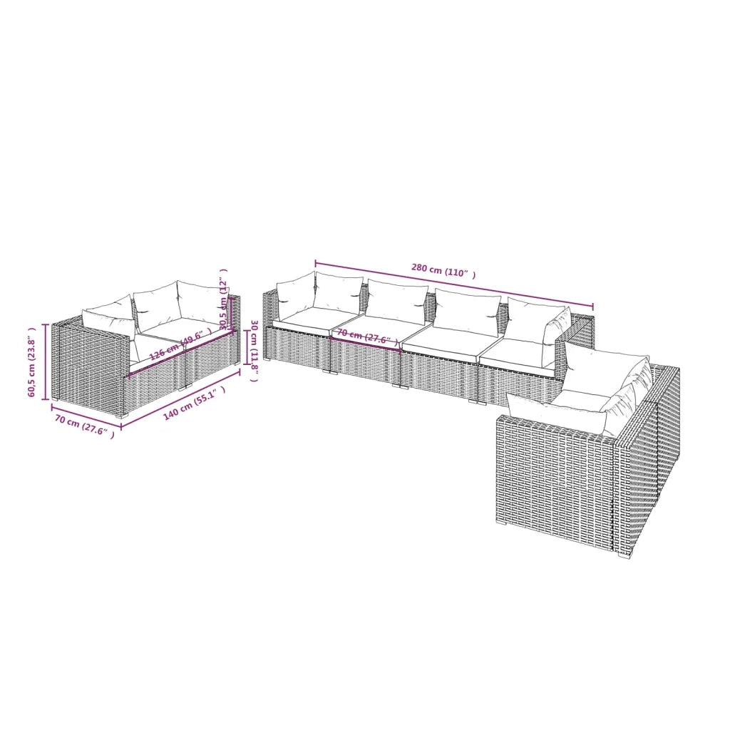 Set Divani da Giardino 8 pz con Cuscini in Polyrattan Nero cod mxl 39978