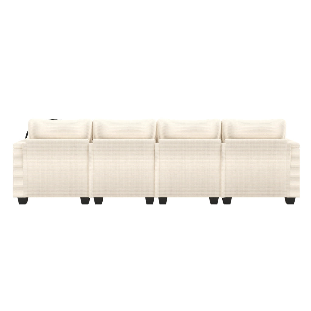 Divano letto angolare a U modulare ¨C MINIMAL ¨C Velluto a coste, Beige, con portacellulare e USB