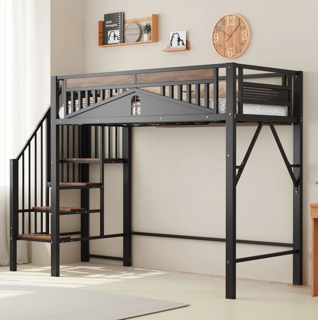 Letto a soppalco 90x200 cm in metallo nero con scala