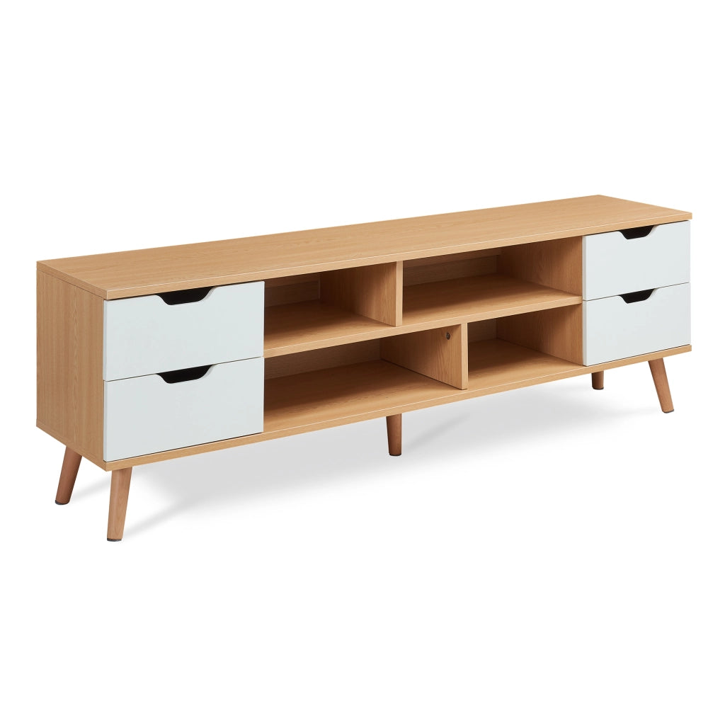 Mobile Porta TV Bordkak con 4 Cassetti a Scomparti Aperti 140 x 30 x 45 cm - Effetto Rovere / Bianco [en.casa]