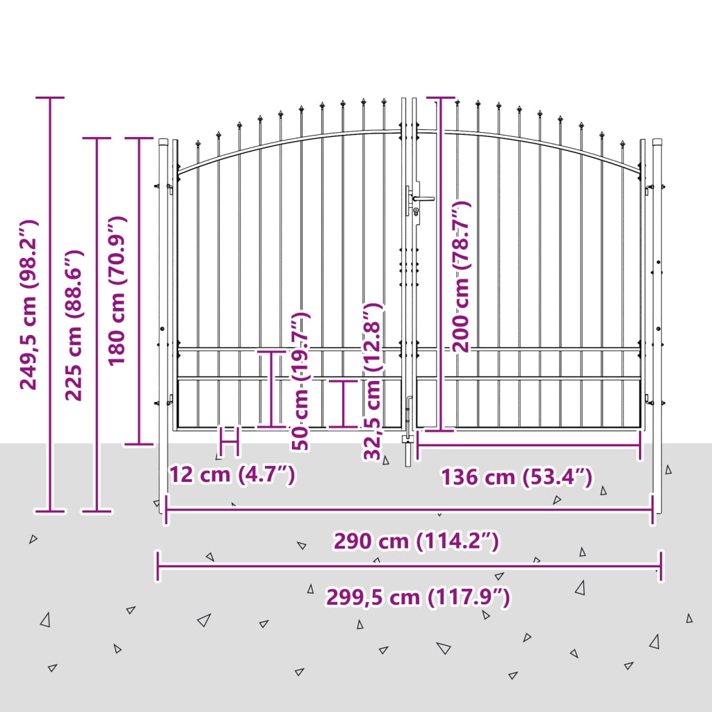 Cancello da Giardino con Punta a Lancia Doppio Battente Grigio 200x300 cm Acciaio