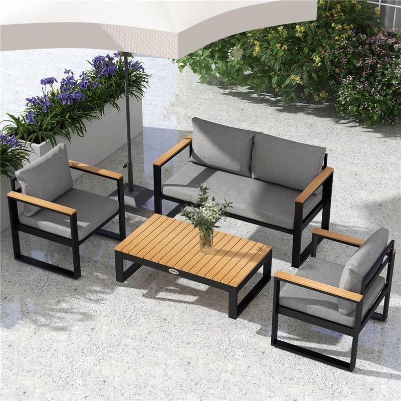 SALOTTO DA GIARDINO CON DIVANO DA ESTERNO, 2 POLTRONE E TAVOLINO IN ALLUMINIO, GRIGIO